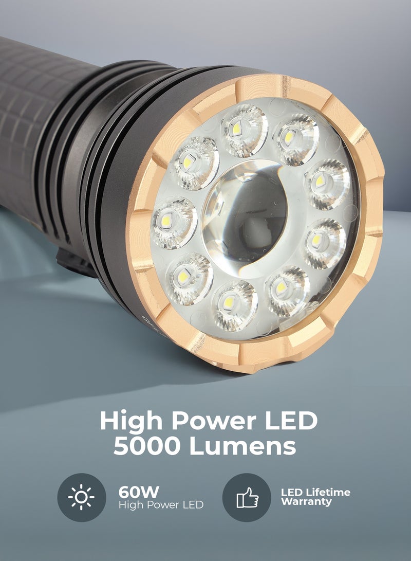 GEEPAS Multifunctional Flashlight 60 W | High Power LEDs, 5000 Lumens, Dual Lighting Modes | Type-C Fast Charging, Compact and Portable Design | Perfect for Indoor and Outdoor Use |  GFL51099 Grey - Image 5