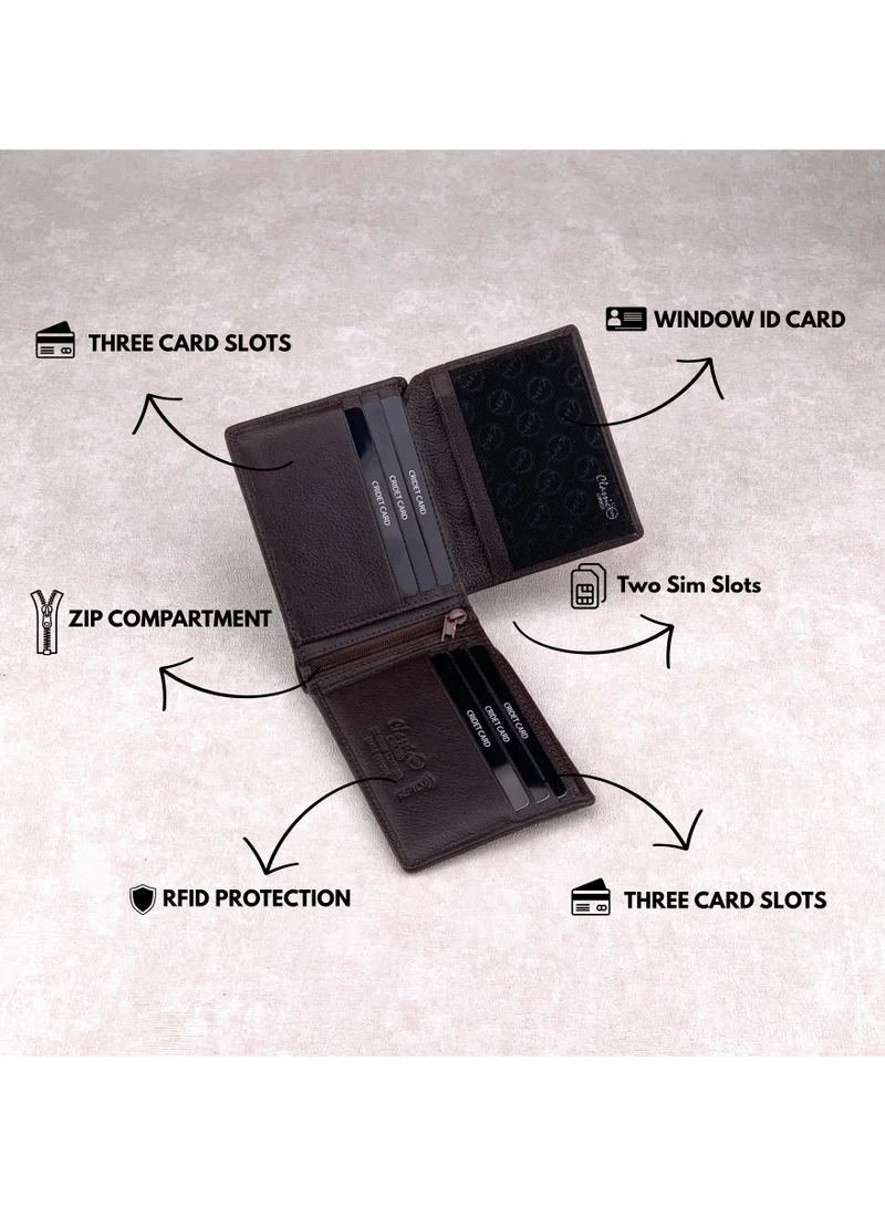 Classic Milano Brown (GTF-01-EM) Classic Milano Men’s Wallet – Slim Bifold Leather Wallet for Men with RFID Blocking, Multiple Card Slots & Middle Zip – Stylish Mens Purse Wallets Gift for Husband, Father for Men | Best Price UAE