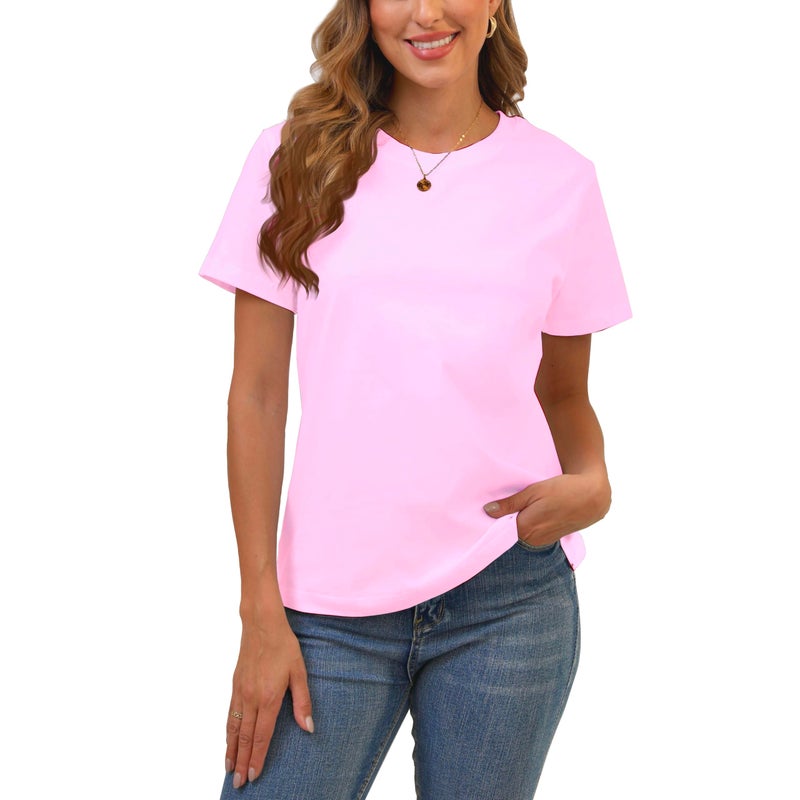 BJY 100% Cotton Light Pink Basic T Shirts for Women, Crew Neck Short Sleeve Shirts, Loose Fit Plain Workout Tshirts, Tops, Undershirts - Image 1