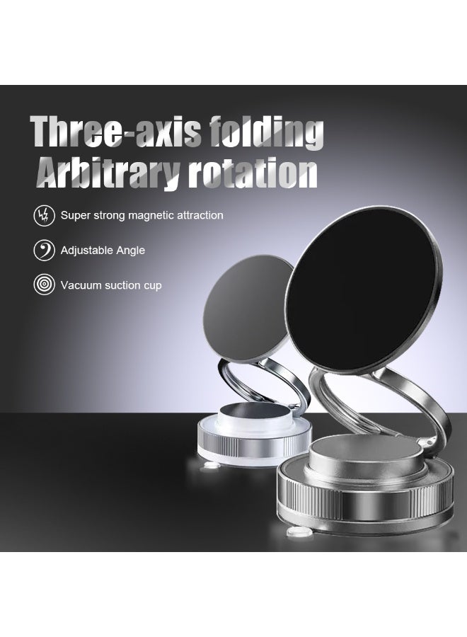 Creative and convenient folding double-ring phone stand for car magnetic suction, 360-degree rotating vacuum suction cup adsorption - black - Image 2