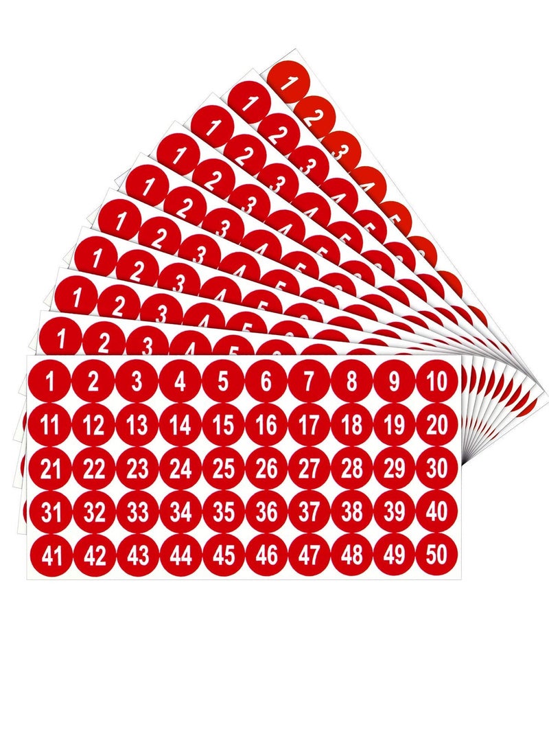 Excefore Number Stickers, Consecutive Number Stickers (1-50) 2.54cm Number Labels Waterproof Self-Adhesive Universal Label for Indoor Outdoor Daily Storage Uses (Red, 10 Sheets)  - Image 1