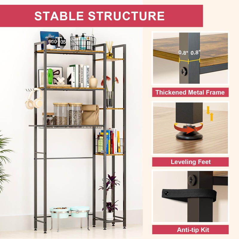 QOOIE Over The Toilet Storage with Wooden Shelves and Side Rack, 7-Tier Metal Over Toilet Bathroom Organizer Freestanding Storage Shelf for Toilet Paper, Towels, Toiletries, Ideal for Small Bathroom - Image 4