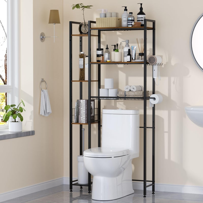 QOOIE Over The Toilet Storage with Wooden Shelves and Side Rack, 7-Tier Metal Over Toilet Bathroom Organizer Freestanding Storage Shelf for Toilet Paper, Towels, Toiletries, Ideal for Small Bathroom - Image 1