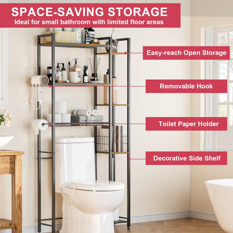QOOIE Over The Toilet Storage with Wooden Shelves and Side Rack, 7-Tier Metal Over Toilet Bathroom Organizer Freestanding Storage Shelf for Toilet Paper, Towels, Toiletries, Ideal for Small Bathroom - Image 5
