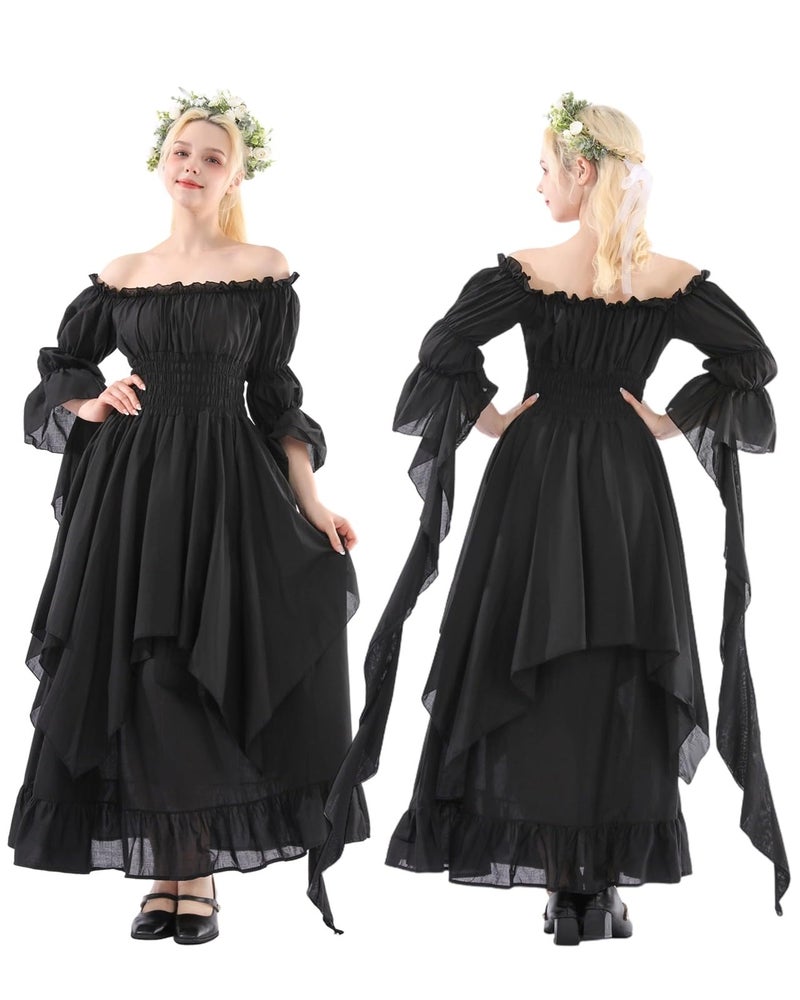 NSPSTT Victorian Dress Renaissance Costume Women Gothic Witch Dress Medieval Wedding Dress(S/M, Black) - Image 2