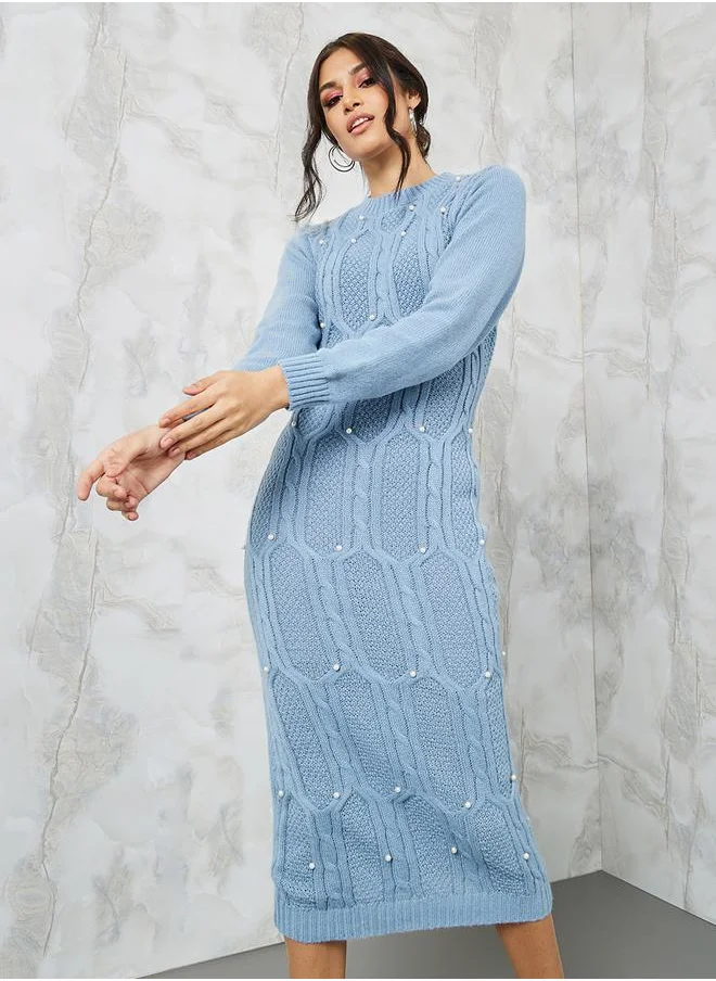 ستايلي Chunky Cable Knit Embellished Sweater Midi Dress