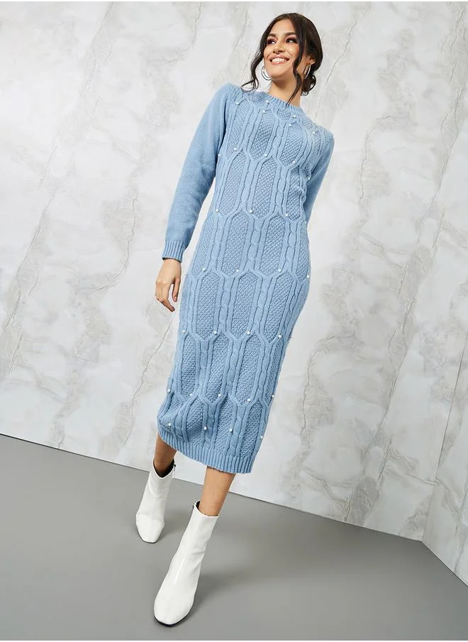 ستايلي Chunky Cable Knit Embellished Sweater Midi Dress