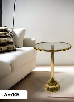 Living Glass service table with a gold steel base 52X35 CM  - Image 1