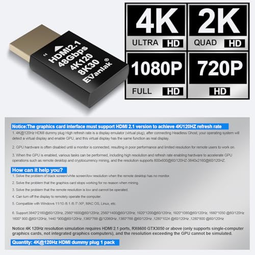 EVanlak 4K 120Hz HDMI 2.1 Dummy Plug edid Headless – High-Resolution Virtual Display Emulator for PC, VR Headsets Cryptocurrency Mining | Supports 8K @30Hz, Headless Ghost Display Adapter-2P - Image 5