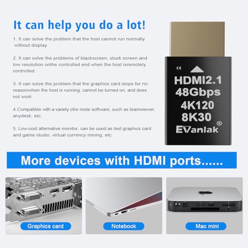 EVanlak 4K 120Hz HDMI 2.1 Dummy Plug edid Headless – High-Resolution Virtual Display Emulator for PC, VR Headsets Cryptocurrency Mining | Supports 8K @30Hz, Headless Ghost Display Adapter-2P - Image 3