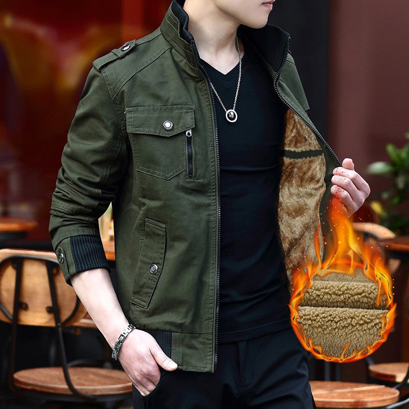 2023 Spring and Autumn Thin Jacket Mens Coat Youth Korean Fashionable Jacket Autumn and Winter Vertical Collar Top L003 Army Green Velvet 