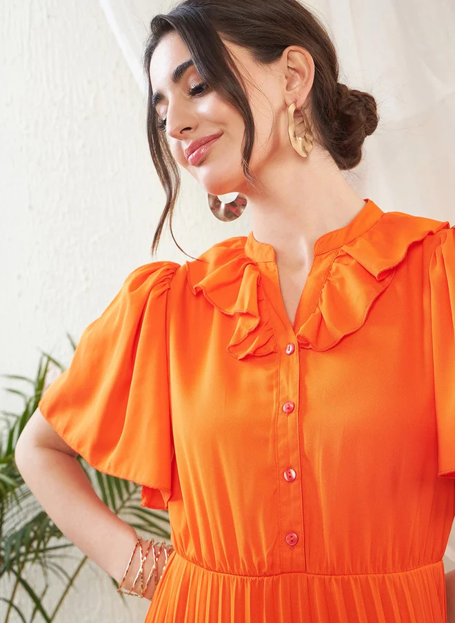 SASSAFRAS Orange Georgette A-Line Midi Dress for Women