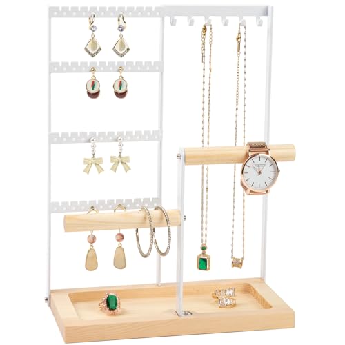 lengnoyp Jewelry Organizer Stand Jewelry Holder Lengnoy 4 Tier Earring Holder with 48 Holes and 6 Hooks Necklace Organizer Wood Box for Necklace Bracelet Earring Ring White - Image 1