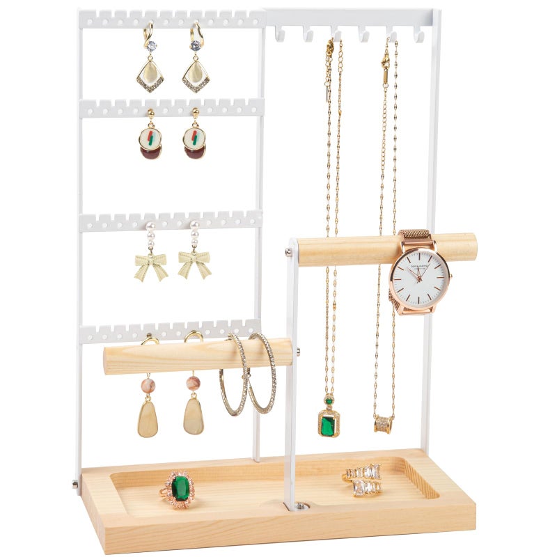 lengnoyp Jewelry Organizer Stand Jewelry Holder Lengnoy 4 Tier Earring Holder with 48 Holes and 6 Hooks Necklace Organizer Wood Box for Necklace Bracelet Earring Ring White - Image 2