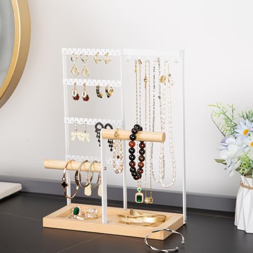 lengnoyp Jewelry Organizer Stand Jewelry Holder Lengnoy 4 Tier Earring Holder with 48 Holes and 6 Hooks Necklace Organizer Wood Box for Necklace Bracelet Earring Ring White - Image 3