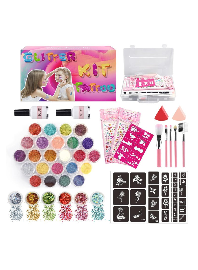 Excefore Glitter Tattoos for Kids Girls 30 Colors Glitter Tattoo Kit Waterproof & Temporary Butterfly Flower Fake Tattoos Body Glitter for Nail Art Crafts - 132 Stencils 5 Brushes 2 Body Glues  - Image 1
