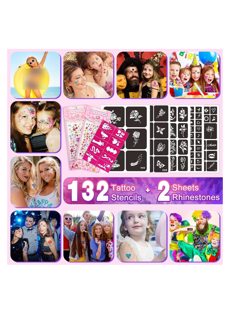 Excefore Glitter Tattoos for Kids Girls 30 Colors Glitter Tattoo Kit Waterproof & Temporary Butterfly Flower Fake Tattoos Body Glitter for Nail Art Crafts - 132 Stencils 5 Brushes 2 Body Glues  - Image 4