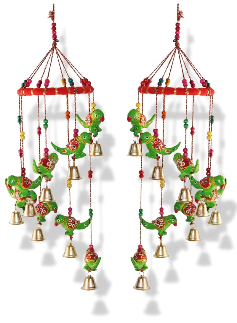 JH Gallery Handcrafted Rajasthani Colored Bell Hangings for Home Decoration Design Wall Hanging Decorative Showpiece (Green Parrot) - Image 1