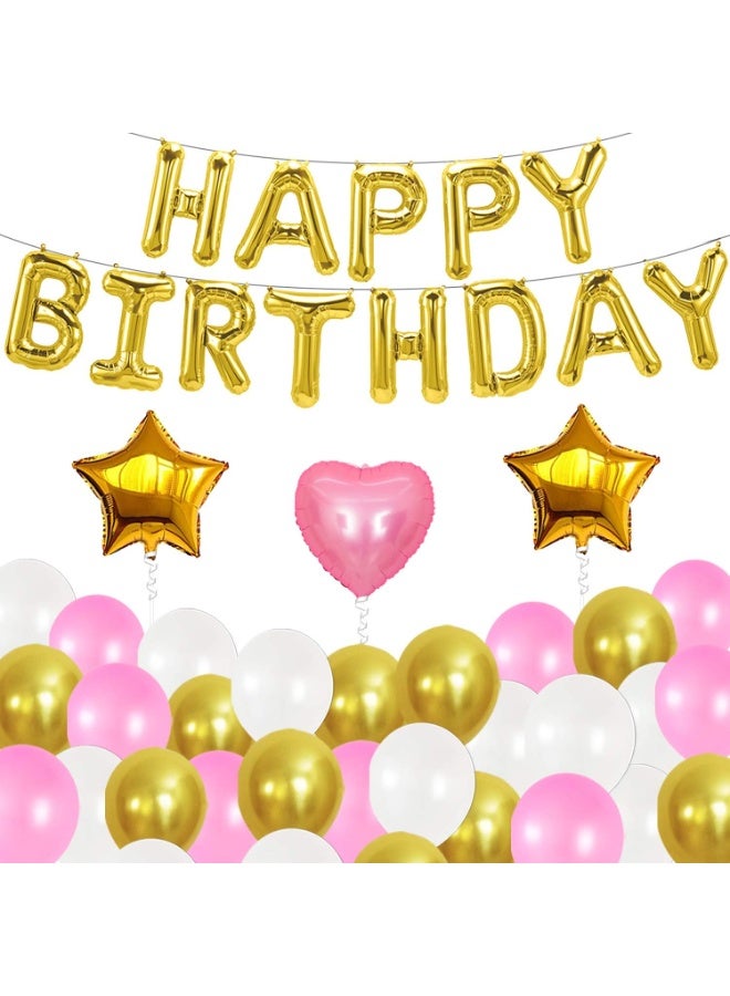 Gold Happy Birthday Balloon Banner Set - Large, Pack of 43 | Star and Heart Mylar Balloons | Pink, Gold and White Latex Balloons | Gold Happy Birthday Decorations | Gold Theme Birthday Party Supplies - Image 1