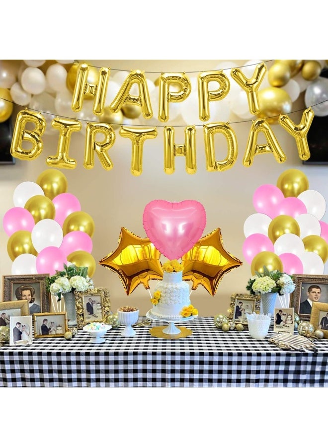 Gold Happy Birthday Balloon Banner Set - Large, Pack of 43 | Star and Heart Mylar Balloons | Pink, Gold and White Latex Balloons | Gold Happy Birthday Decorations | Gold Theme Birthday Party Supplies - Image 2