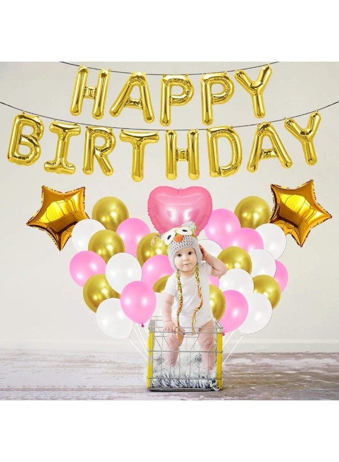 Gold Happy Birthday Balloon Banner Set - Large, Pack of 43 | Star and Heart Mylar Balloons | Pink, Gold and White Latex Balloons | Gold Happy Birthday Decorations | Gold Theme Birthday Party Supplies - Image 3