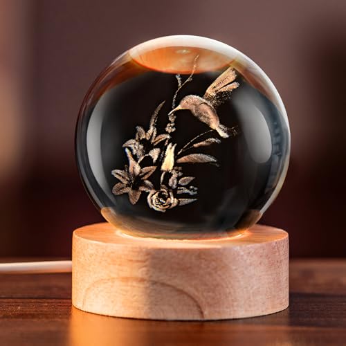 IFOLAINA 3D Hummingbird Crystal Ball with Wooden Light Base 2.36" Engraved Hummingbird Glass Decorative Globe Lamp Decor Hummingbird Gifts for Women Friends Lovers - Image 1