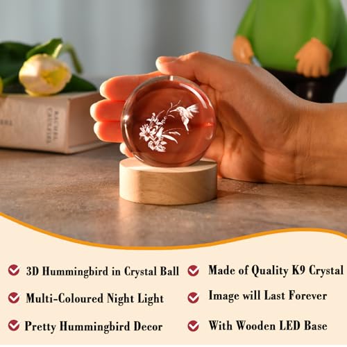 IFOLAINA 3D Hummingbird Crystal Ball with Wooden Light Base 2.36" Engraved Hummingbird Glass Decorative Globe Lamp Decor Hummingbird Gifts for Women Friends Lovers - Image 2