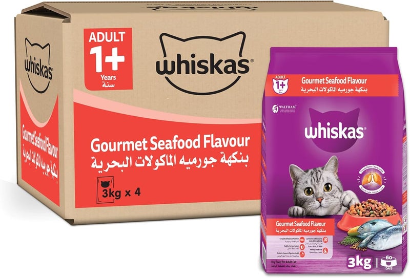 Whiskas Experience optimized build Dry Cat Food Gourmet Seafood, Pack of 3 x 4 kg, Adult Cats 1+ Years, Dry Cat Food, Great Taste for Cat Health and Activity Multi-goal comprehensive design - Image 1