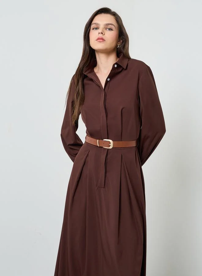 Take Two Coffee Brown Solid Belted Shirt Maxi Dress
