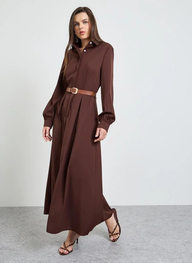 Take Two Coffee Brown Solid Belted Shirt Maxi Dress