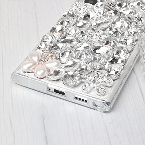 Omio Compatible with Samsung Galaxy S24 Ultra Bling Case with Hand Chain Strap Cute Butterfly Bracelet 3D Handmade Sparkle Glitter Crystal Bling Diamond Hard PC Phone Case for Women Girls White - Image 5