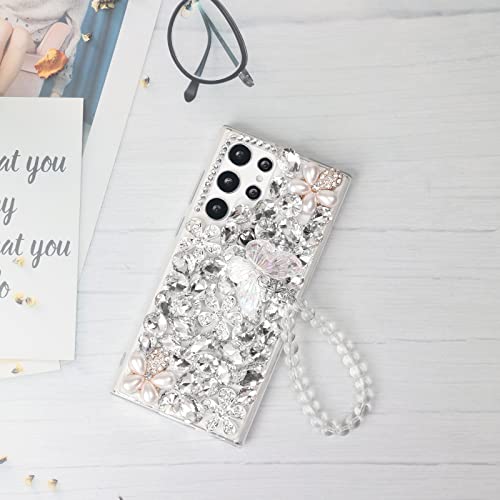 Omio Compatible with Samsung Galaxy S24 Ultra Bling Case with Hand Chain Strap Cute Butterfly Bracelet 3D Handmade Sparkle Glitter Crystal Bling Diamond Hard PC Phone Case for Women Girls White - Image 2