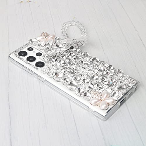 Omio Compatible with Samsung Galaxy S24 Ultra Bling Case with Hand Chain Strap Cute Butterfly Bracelet 3D Handmade Sparkle Glitter Crystal Bling Diamond Hard PC Phone Case for Women Girls White - Image 4
