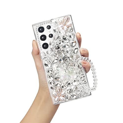 Omio Compatible with Samsung Galaxy S24 Ultra Bling Case with Hand Chain Strap Cute Butterfly Bracelet 3D Handmade Sparkle Glitter Crystal Bling Diamond Hard PC Phone Case for Women Girls White - Image 1