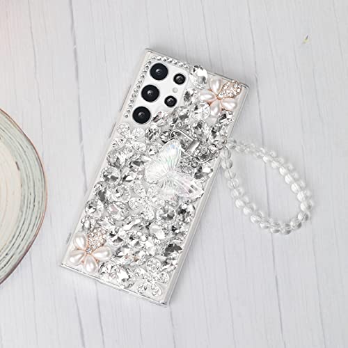 Omio Compatible with Samsung Galaxy S24 Ultra Bling Case with Hand Chain Strap Cute Butterfly Bracelet 3D Handmade Sparkle Glitter Crystal Bling Diamond Hard PC Phone Case for Women Girls White - Image 3