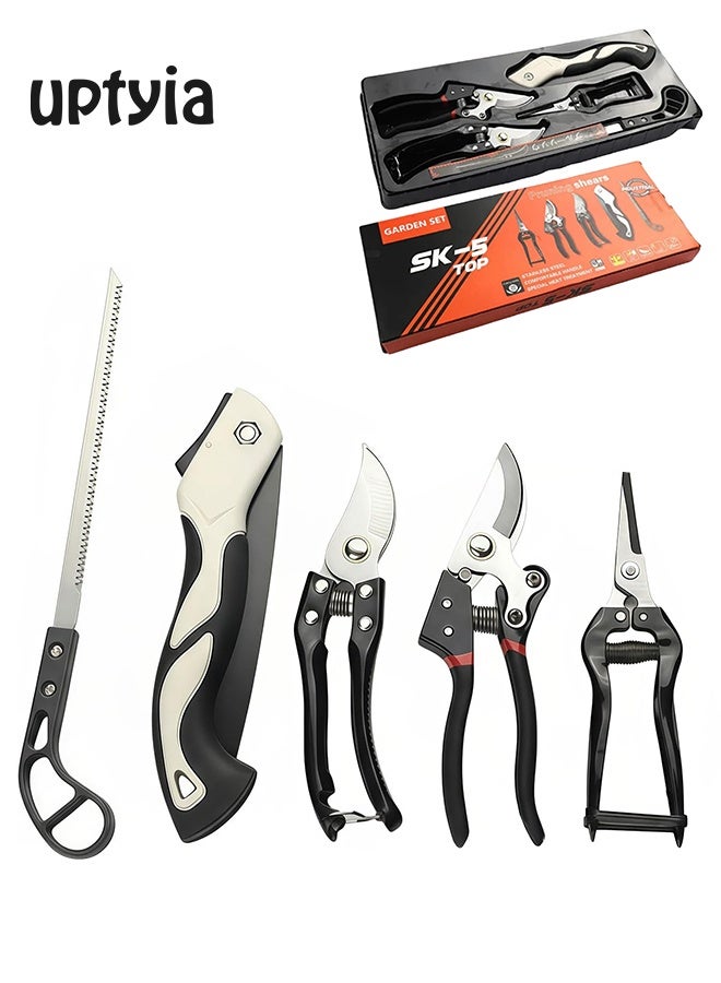 أوبتيا مجموعة أدوات قص الحديقة الكاملة المكونة من 5 قطع مع مقصات تقليم ومقصات ساوي قابلة للطي، مقصات تقليم من الفولاذ المقاوم للصدأ للزهور والأعشاب والفروع الصغيرة - مجموعة أدوات البستنة المريحة - Image 1