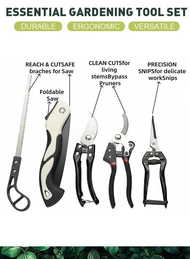 أوبتيا مجموعة أدوات قص الحديقة الكاملة المكونة من 5 قطع مع مقصات تقليم ومقصات ساوي قابلة للطي، مقصات تقليم من الفولاذ المقاوم للصدأ للزهور والأعشاب والفروع الصغيرة - مجموعة أدوات البستنة المريحة - Image 2