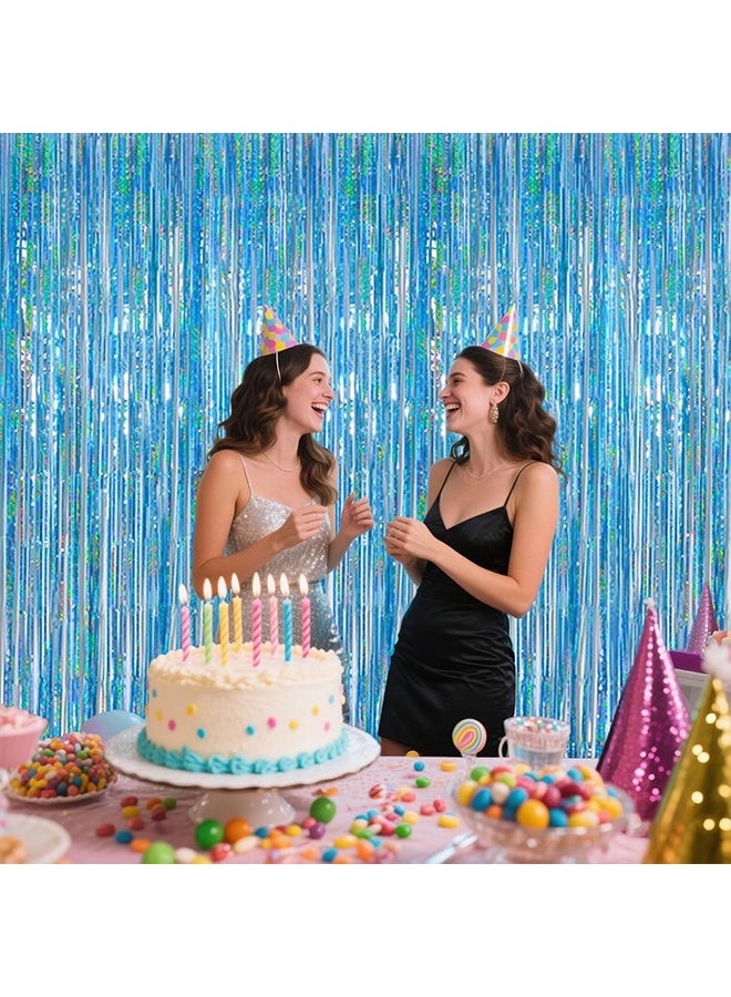 Light Blue Metallic Streamer Backdrop with Glitter Tinsel,3.28 x 6.56ft Foil Fringe Curtains for Gender Reveal & Ocean Theme Wall Hanging Party Supplies, Birthday/Wedding/Photoshoot - Image 2