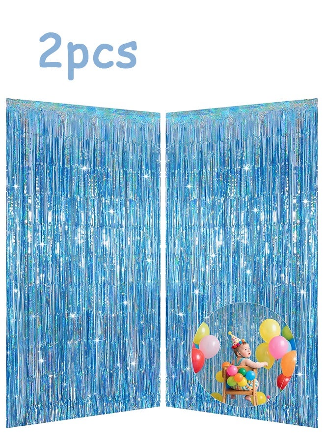 Light Blue Metallic Streamer Backdrop with Glitter Tinsel,3.28 x 6.56ft Foil Fringe Curtains for Gender Reveal & Ocean Theme Wall Hanging Party Supplies, Birthday/Wedding/Photoshoot - Image 1