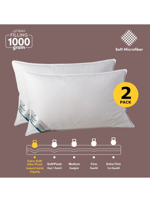 Bed Pillow, 2 Pieces, 1000 Gram Each, Size 50x75 cm, Luxury Down Alternative Filling, Soft Brushed Microfiber, Anti-Allergy, White, Pack of 2
