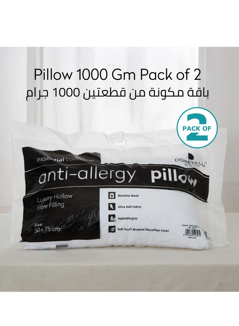 Donetella White-1000G (Pack of 2) Bed Pillow, 2 Pieces, 1000 Gram Each, Size 50x75 cm, Luxury Down Alternative Filling, Soft Brushed Microfiber, Anti-Allergy, White, Pack of 2  | Best Price UAE