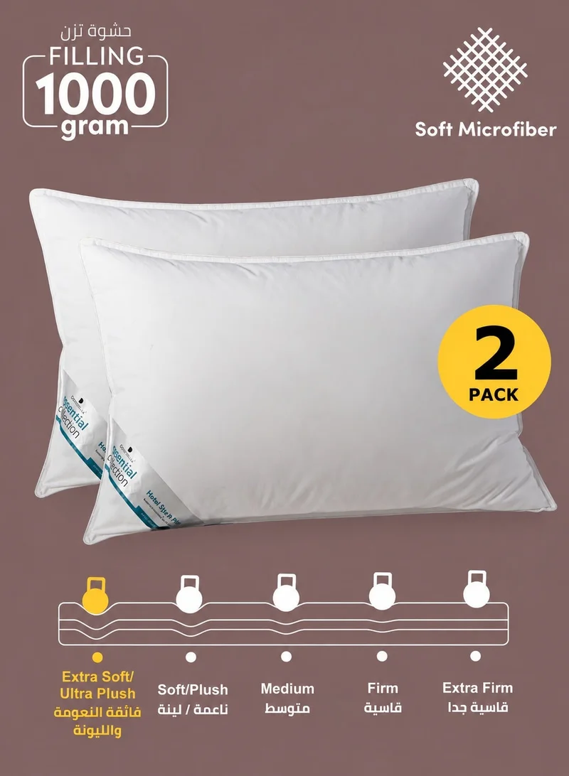 Donetella Bed Pillow, 2 Pieces, 1000 Gram Each, Size 50x75 cm, Luxury Down Alternative Filling, Soft Brushed Microfiber, Anti-Allergy, White, Pack of 2