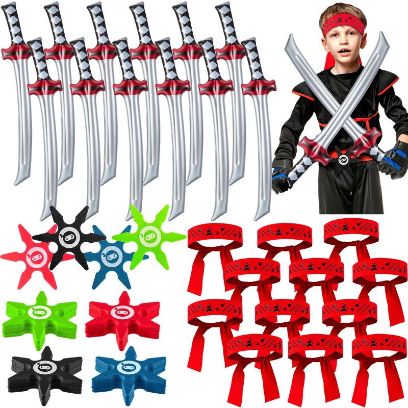 Deekin 48 Pcs Ninja Karate Party Favors Include Inflatable Sword Throwing Foam Star Toys Karate Headband for Ninja Theme Party Decoration Supplies Goodie Bag Filler Gift Costume Accessories - Image 2