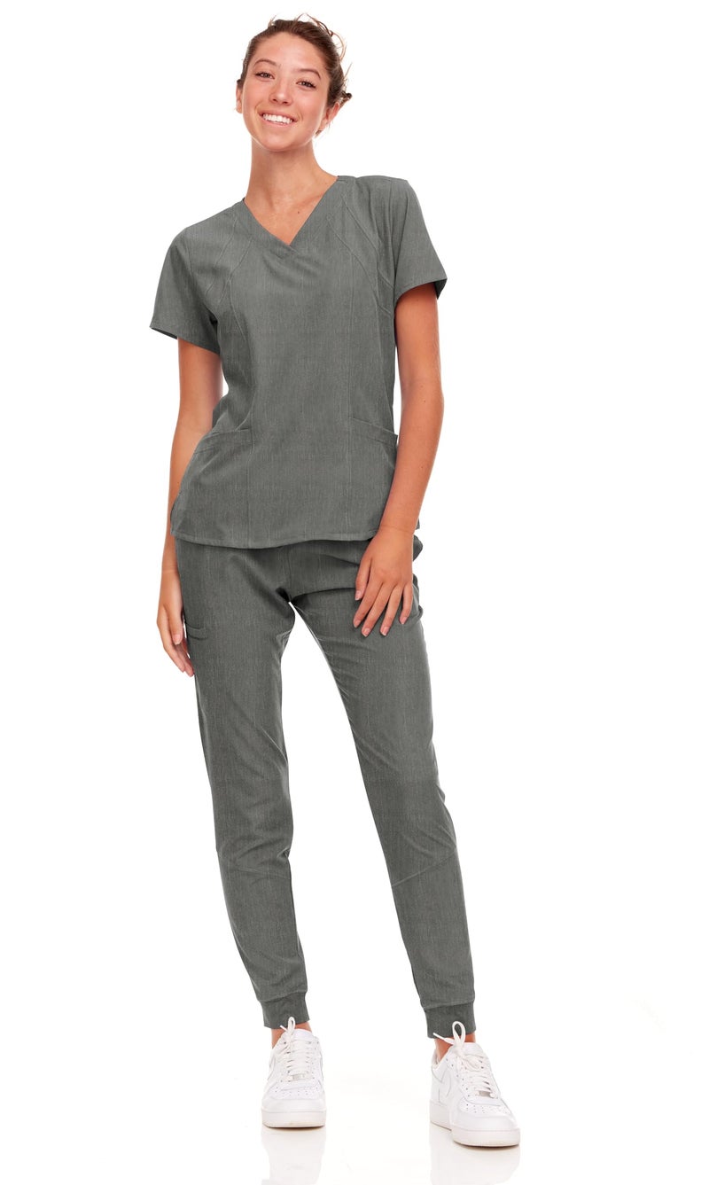 Natural Uniforms طقم سكراب للنساء من يونيفورمز الطبيعية بخصر مرن مع أحجام عادية وصغيرة (رمادي فاتح، متوسط) - Image 1