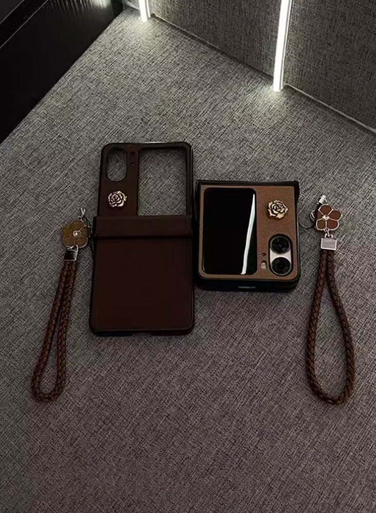 Retro High-end Leather Bracelet Camellia is Suitable For Oppo Find N3 Flip Mobile Phone Case Folding Screen Anti-fall High-end Leather Moon Pit Pattern-retro Brown + Small Gold Camellia On The Top + - Image 3