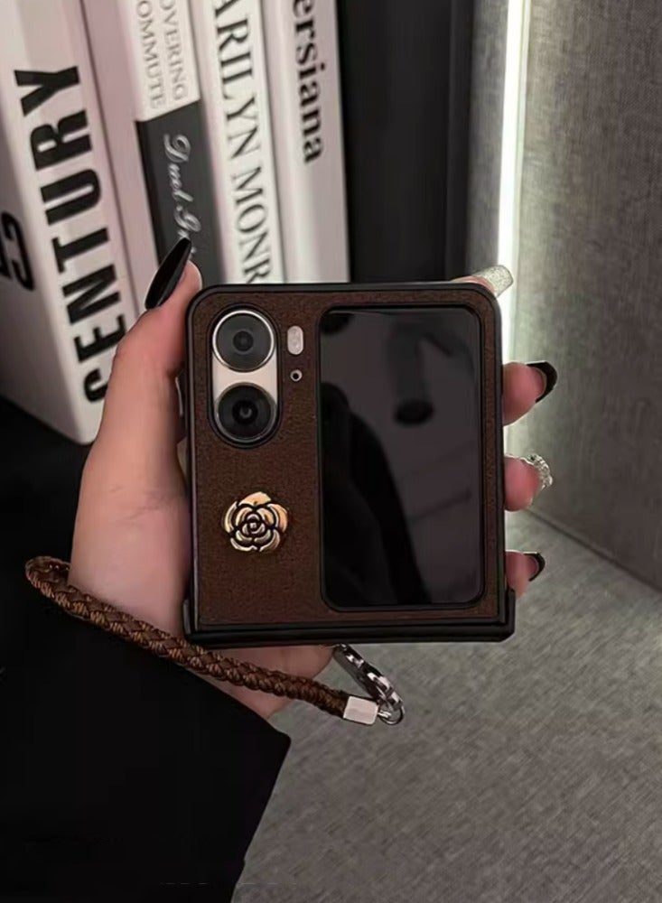 Retro High-end Leather Bracelet Camellia is Suitable For Oppo Find N3 Flip Mobile Phone Case Folding Screen Anti-fall High-end Leather Moon Pit Pattern-retro Brown + Small Gold Camellia On The Top + - Image 5