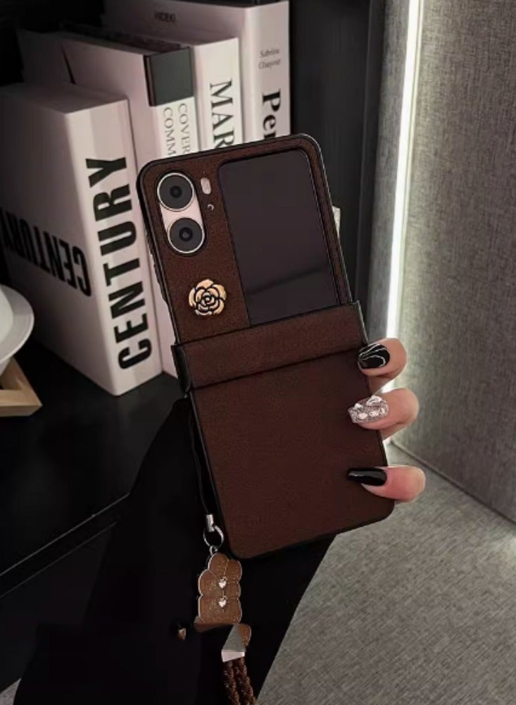 Retro High-end Leather Bracelet Camellia is Suitable For Oppo Find N3 Flip Mobile Phone Case Folding Screen Anti-fall High-end Leather Moon Pit Pattern-retro Brown + Small Gold Camellia On The Top + - Image 1