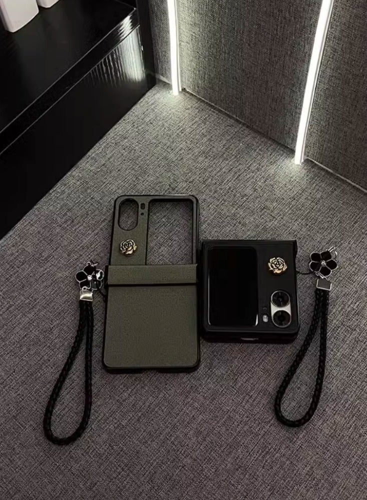 Retro High-end Leather Bracelet Camellia is Suitable For Oppo Find N3 Flip Mobile Phone Case Folding Screen Anti-fall High-end Leather Moon Pit Pattern-retro Brown + Small Gold Camellia On The Top + - Image 4