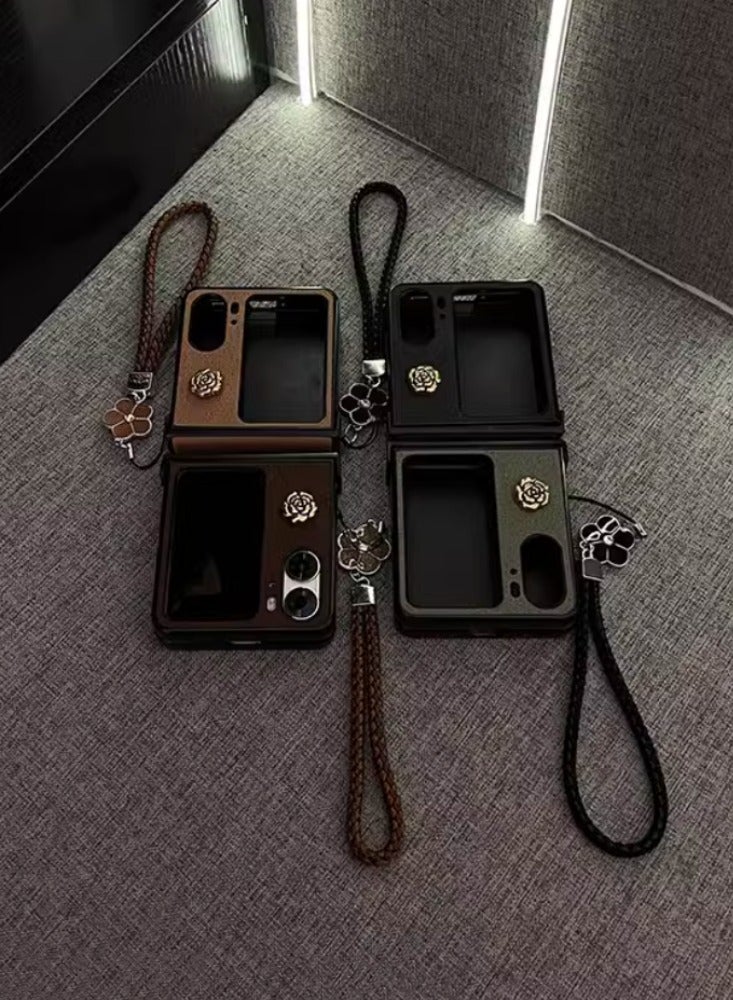 Retro High-end Leather Bracelet Camellia is Suitable For Oppo Find N3 Flip Mobile Phone Case Folding Screen Anti-fall High-end Leather Moon Pit Pattern-retro Brown + Small Gold Camellia On The Top + - Image 2