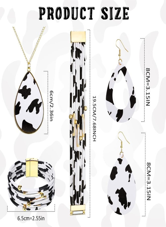 Sureio 4 Pcs Cow Print Jewelry Set Cow Print Accessories for Women Earrings Pendant Necklace Black and White Multi Layer Bracelet for Women Cosplay Party Supplies Accessories - Image 2